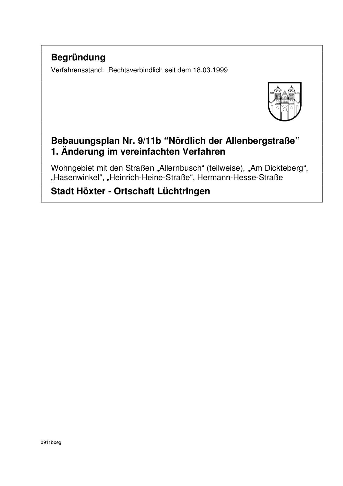 Begründung zum Bebauungsplan Nr. 9/11b Nördlich der Allenbergstraße, Höxter-Lüchrtingen.