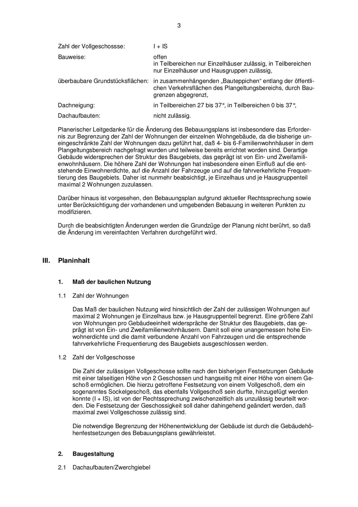Seite 3 eines Planungsdokuments: Abschnitt III Planinhalt und Baunutzungsregeln.