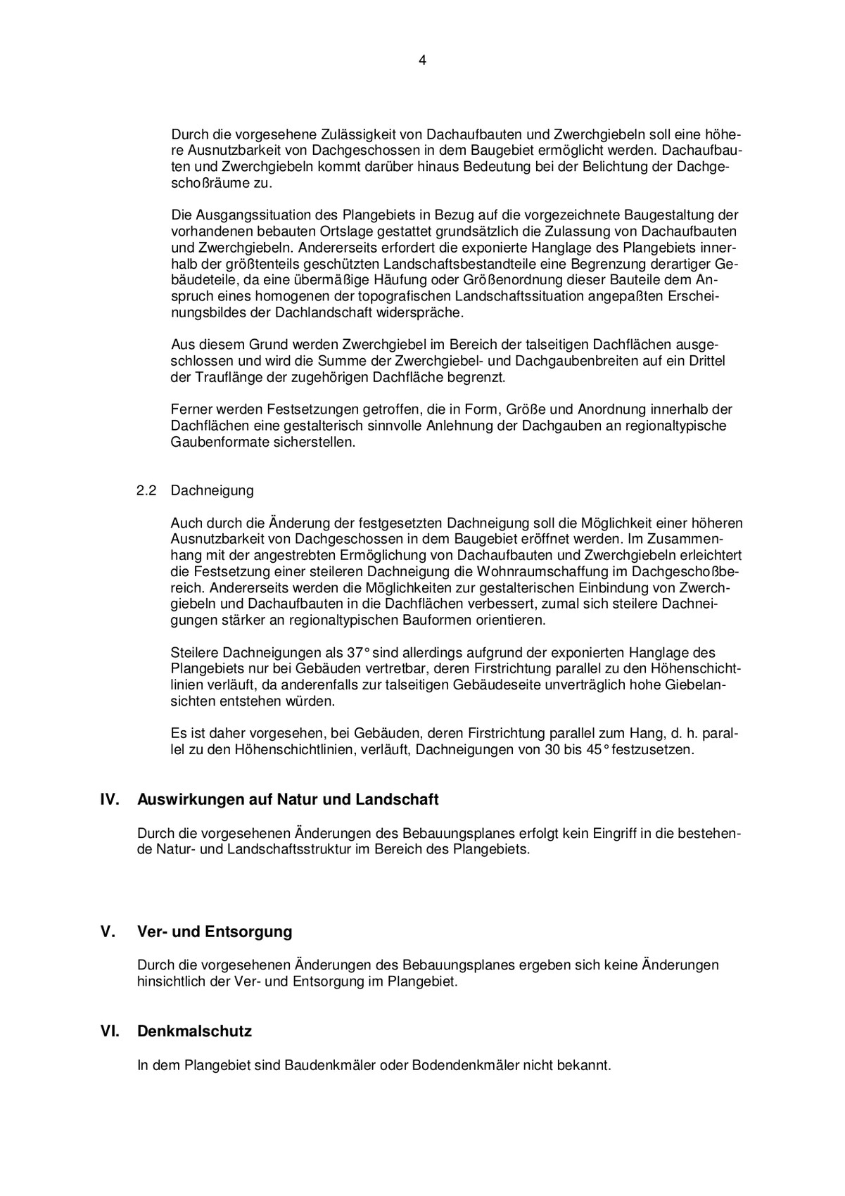 Seite 4 mit deutschem Fließtext, Überschriften 2.2 Dachneigung und IV–VI.