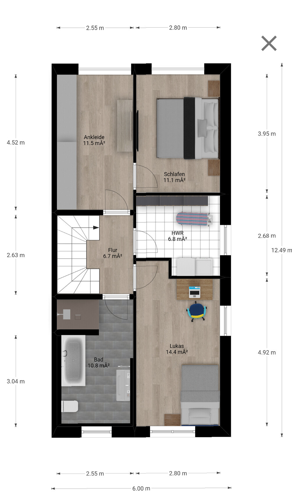 Grundriss eines Wohnplans: Schlafzimmer, Ankleide, Flur, Bad, HWR und Arbeitszimmer/Lukas.
