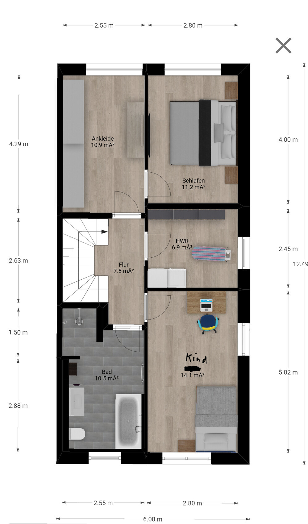 Grundriss eines Hauses: Schlafen, Ankleide, Kind, Bad, Flur, HWR.