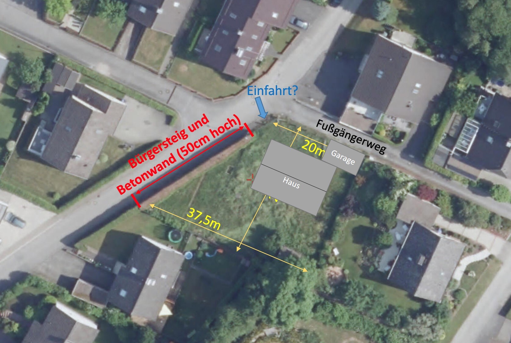 Aerial photo showing house with garage, walkway, 50 cm (20 inch) concrete wall and driveway, dimensions 20 m (66 feet)/37.5 m (123 feet).