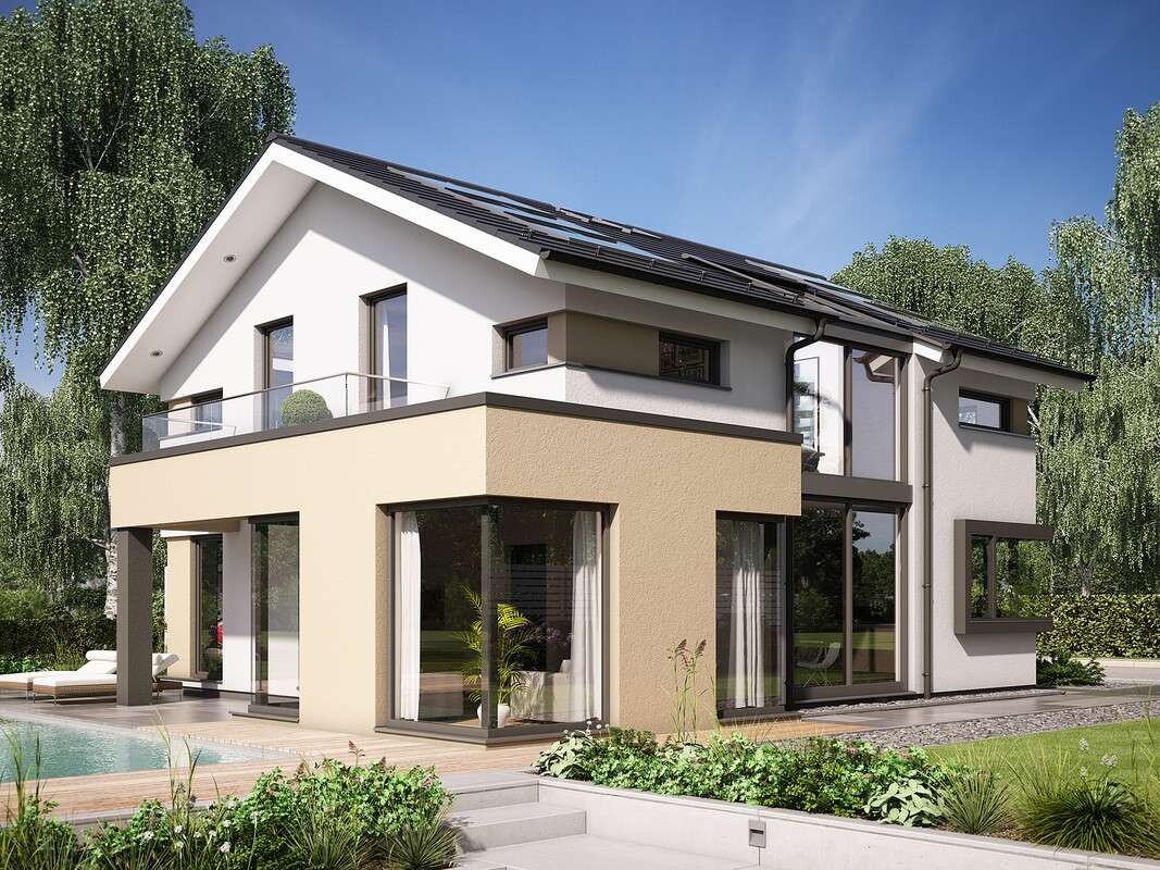 Modern two-story house with large glass fronts, terrace, and pool.