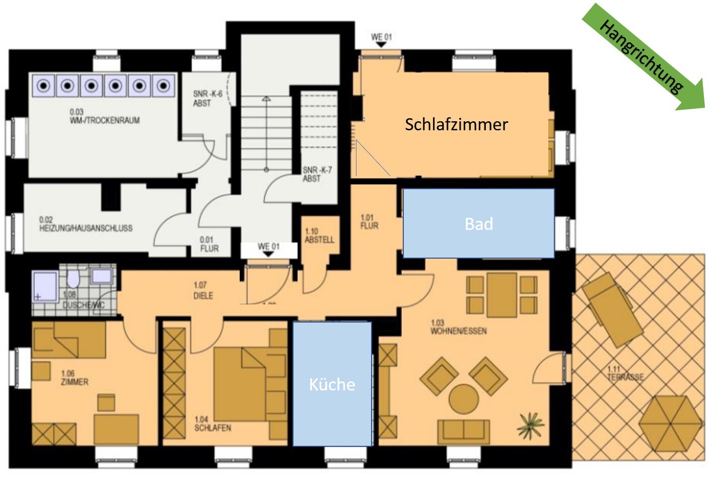 Floor plan of an apartment with bedroom, bathroom, kitchen, living room and terrace