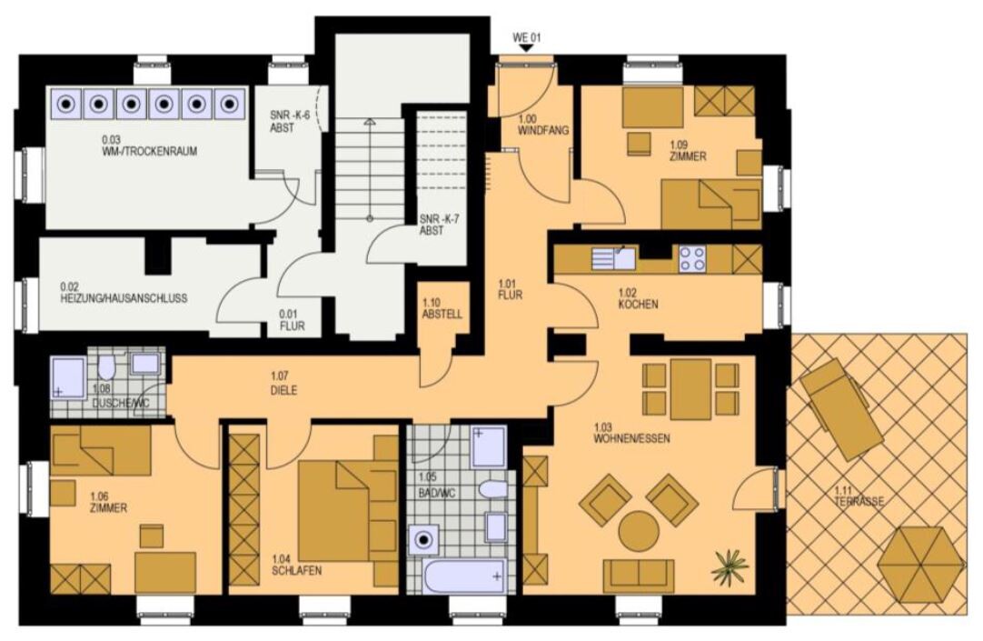 Floor plan of an apartment: hallway, foyer, kitchen, living room, bedroom, bathroom and terrace