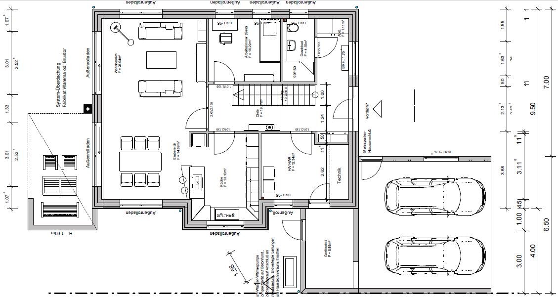 Floor plan of a house: living/dining area, kitchen, bathroom, bedroom, stairs, hallway, garage with two cars.
