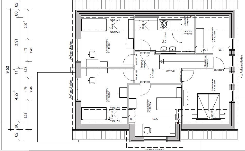 Floor plan of a residential house with kitchen, living room, bathroom, bedroom, and children’s rooms.