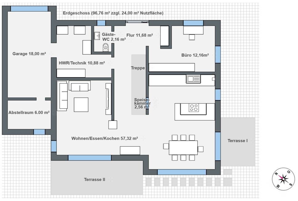 Ground floor plan: garage, utility room, guest restroom, living/dining/kitchen area, office, terraces.