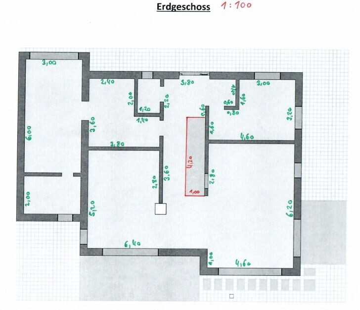 Ground floor plan with several rooms and dimensions in meters.
