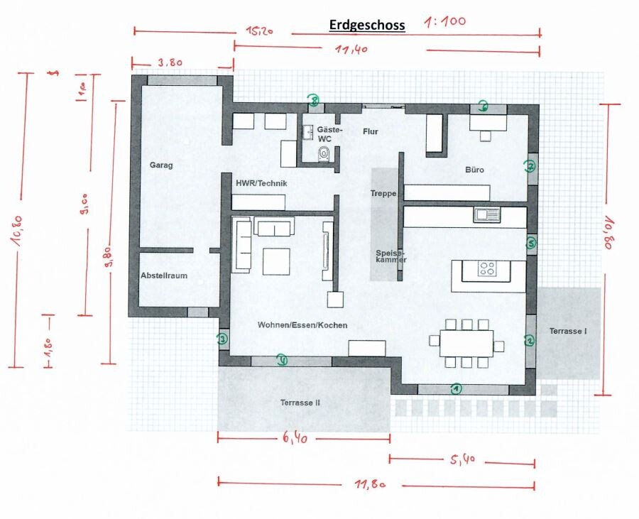 Ground floor plan with living/dining area, kitchen, office, garage, hallway, stairs, pantry, terrace.