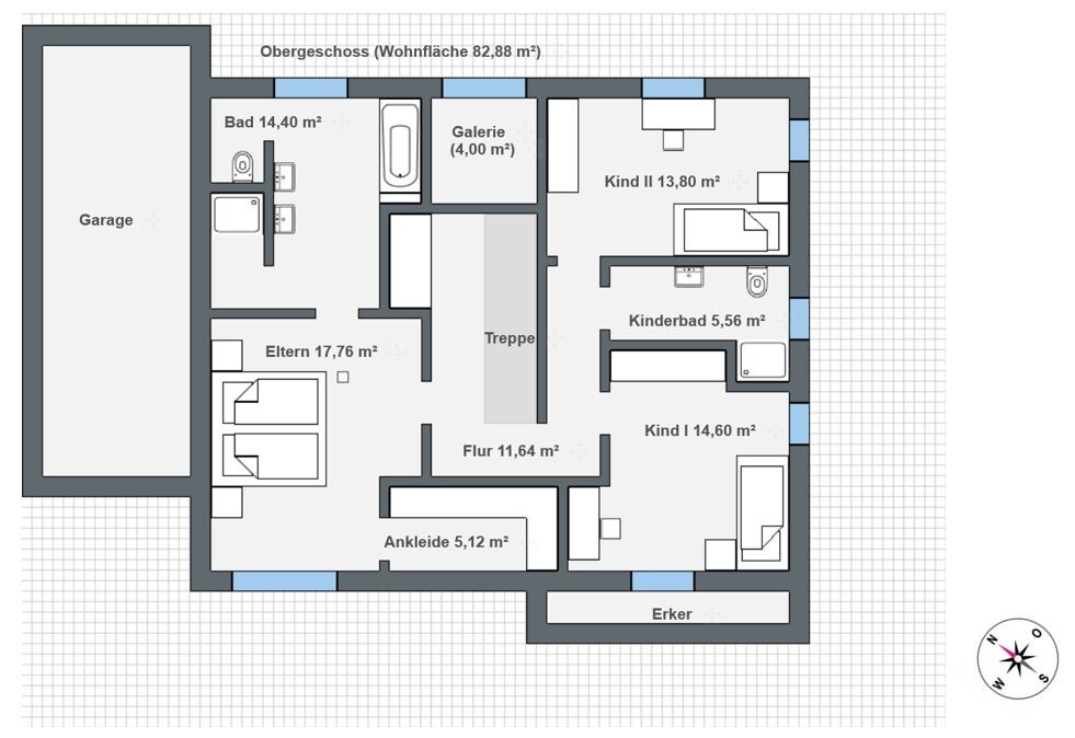 Upper floor plan: master bedroom, dressing room, two children’s rooms, bathroom, hallway, stairs, garage.