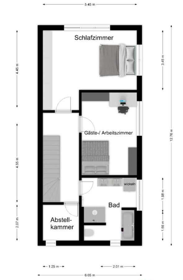 Floor plan of a level with bedroom, guest/study room, bathroom, and storage closet.