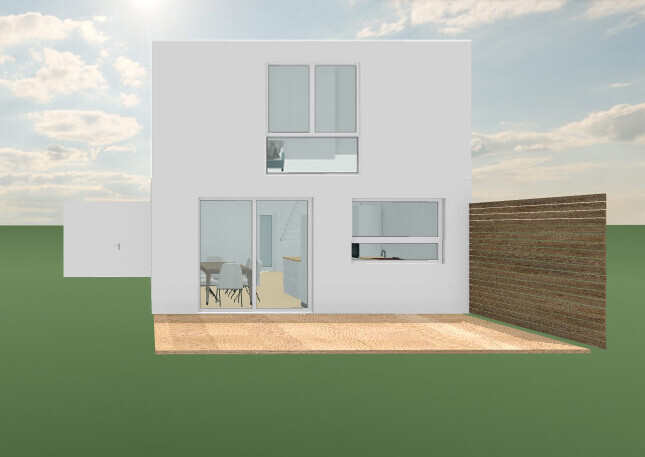 Modern white house facade with large glass windows, open door to dining area, wooden wall on the right.