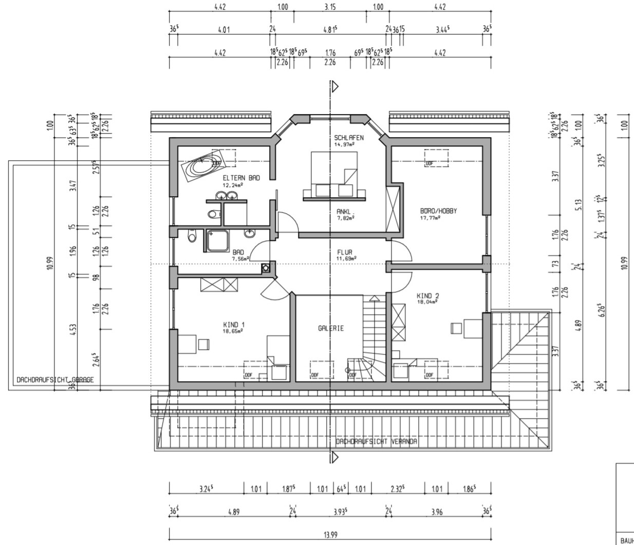Grundriss Dachgeschoss: Schlafzimmer, Ankleide, Flur, Galerie, Kinderzimmer, Büro, Bad.