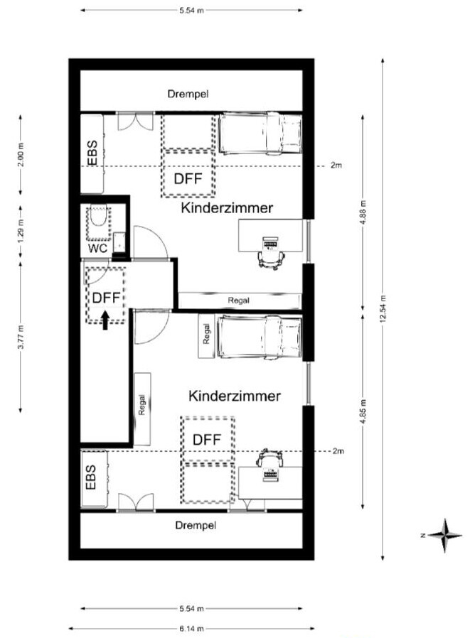 Floor plan of a room with two children's bedrooms: beds, desks, shelves, doors, and dimensions.