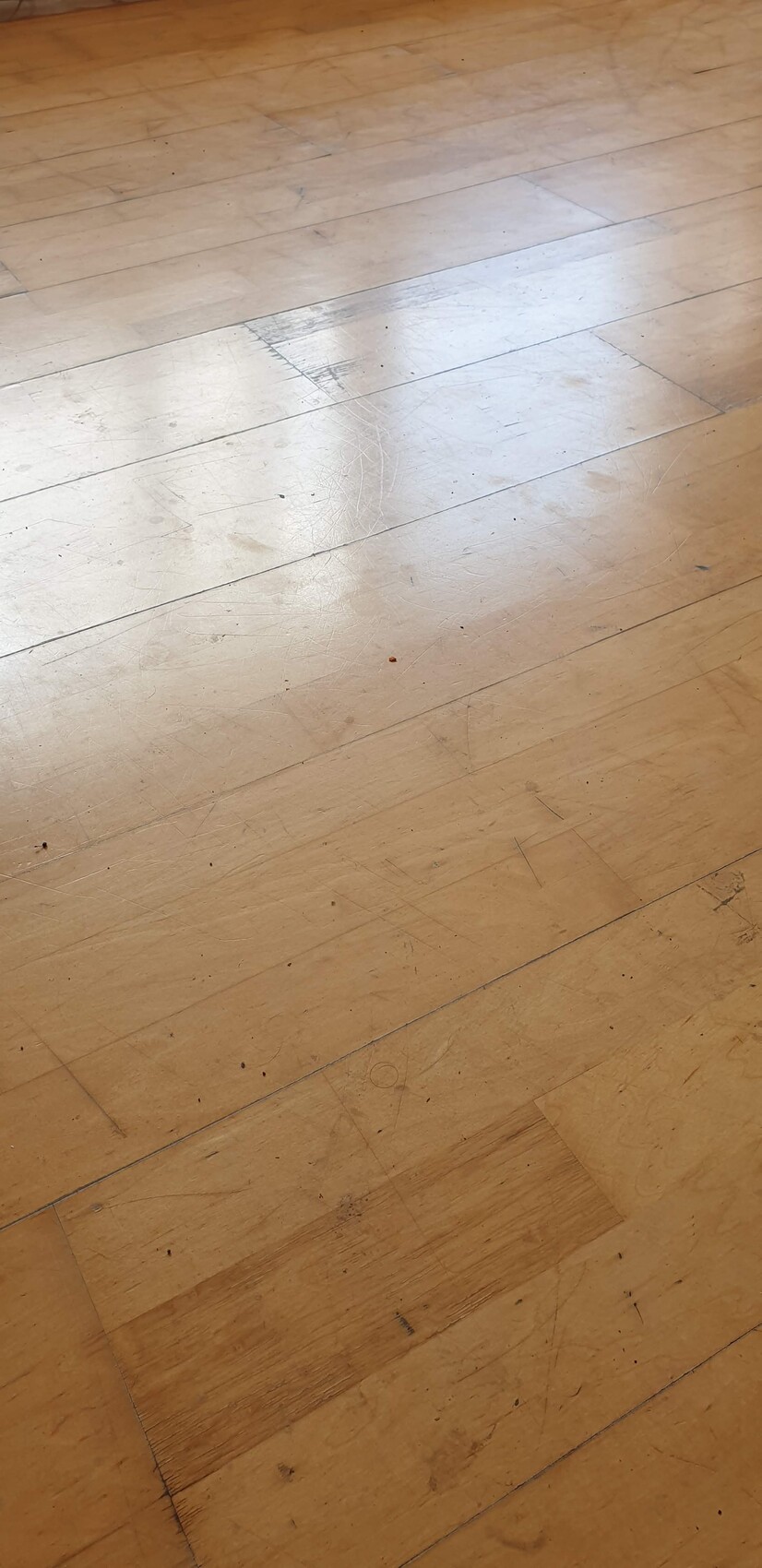 Wooden floor with scratches, stains, and dust; photographed from above