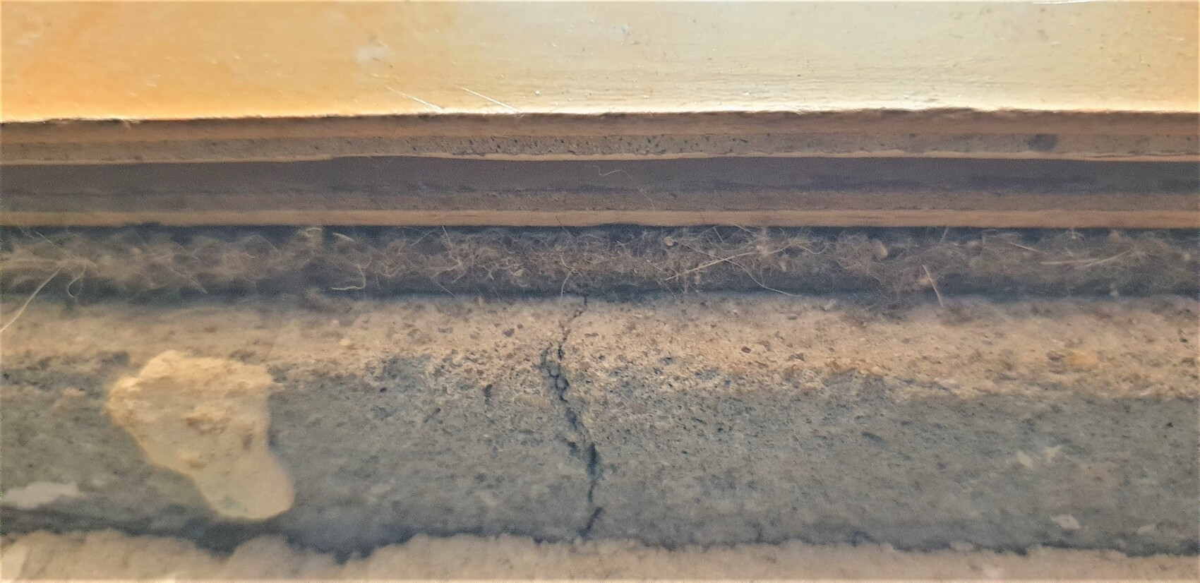 Close-up of a dusty wooden plank with cobwebs above a cracked concrete floor surface.