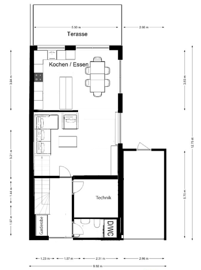 Grundriss: Terrasse oben, Kochen/Essen mit Esstisch, Treppe links, Technik, WC, Garderobe.