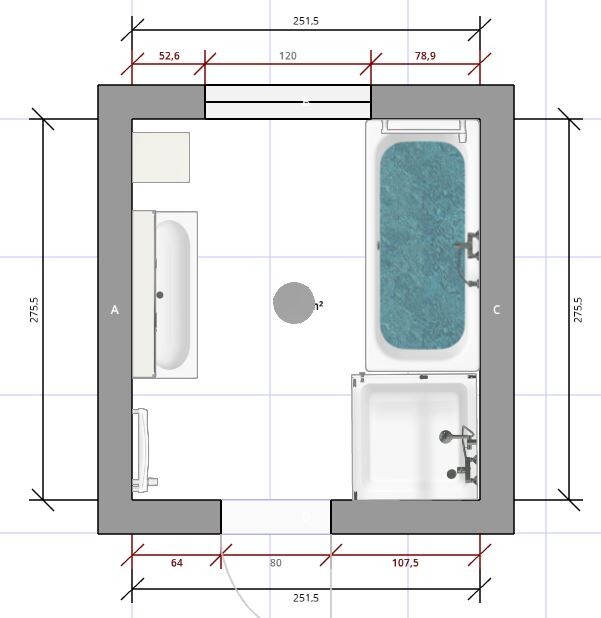 2D bathroom floor plan with bathtub, sink, and toilet.