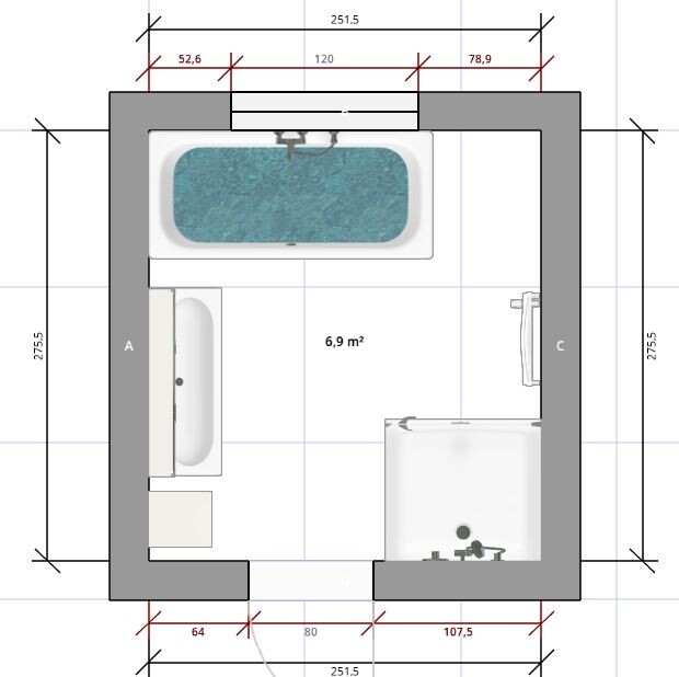 Bathroom floor plan: bathtub at the top, sink on the left, toilet bottom right.
