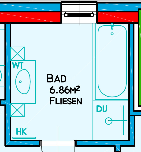 Floor plan of a bathroom, 6.86 m², tiled; bathtub on the right, shower, toilet on the left