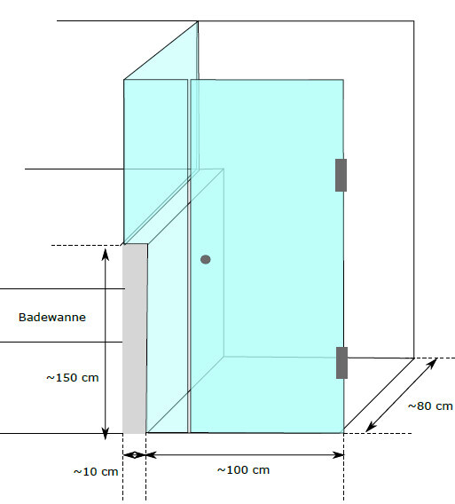 Sketch of a bathroom with a glass shower next to the bathtub; clear glass panel, dimensions approx. 100x150 cm (39x59 inches).