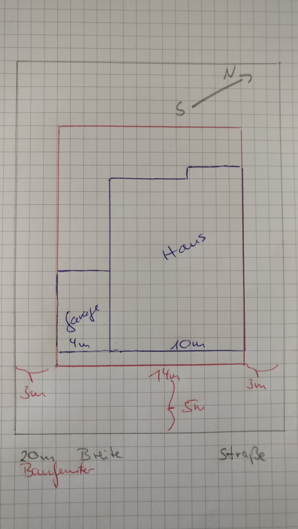 Hand-drawn floor plan of a house with garage and street side at the bottom