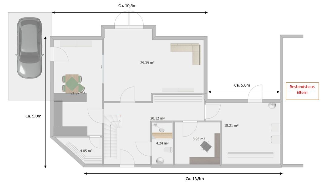 House floor plan: garage with car on left, multiple rooms, stairs, dimensions in m²