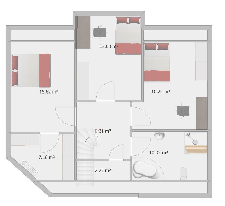 Residential floor plan: several rooms with beds, desks, bathroom and staircase.