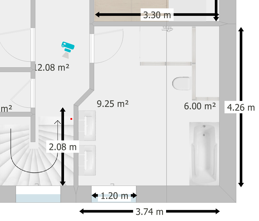 Detaillierter Grundrissplan eines Hauses mit Maßen, Wänden, Türen und Treppen