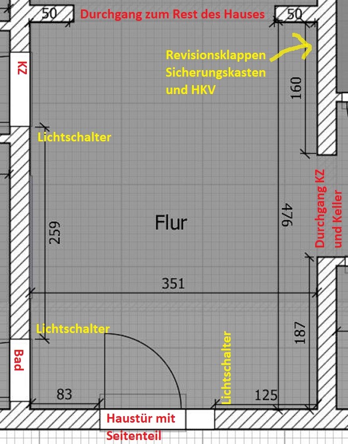 Floor plan hallway: front door, bathroom, light switches; doorways; access panels/fuse box.