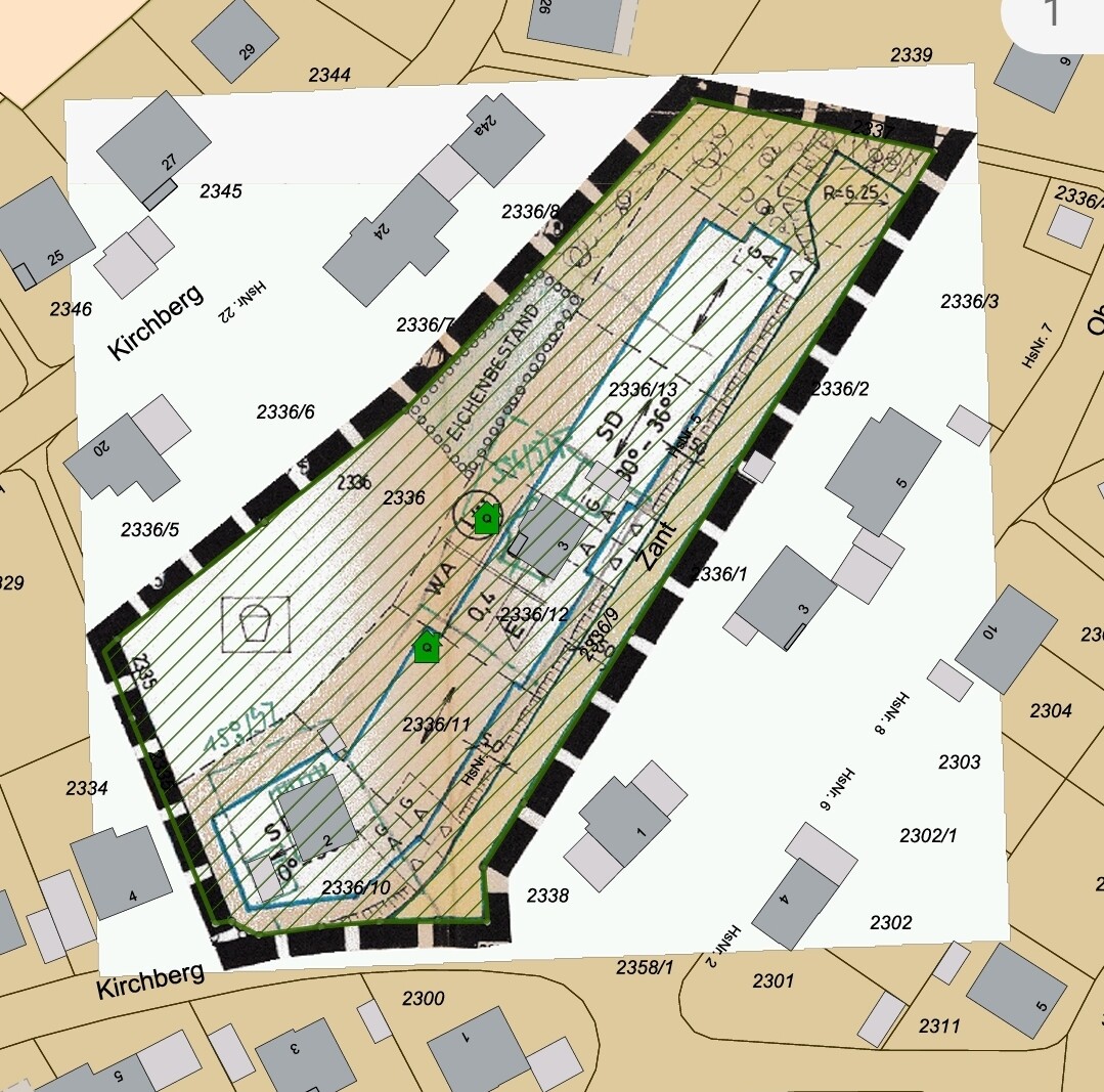 Site plan: elongated development area with boundary lines, parcel numbers, buildings.