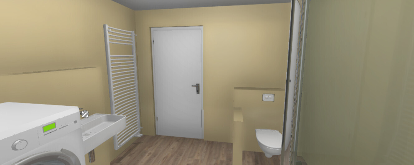 Kleines Badezimmer mit Waschmaschine, Waschbecken, Heizkörper, Toilette und Duschkabine.