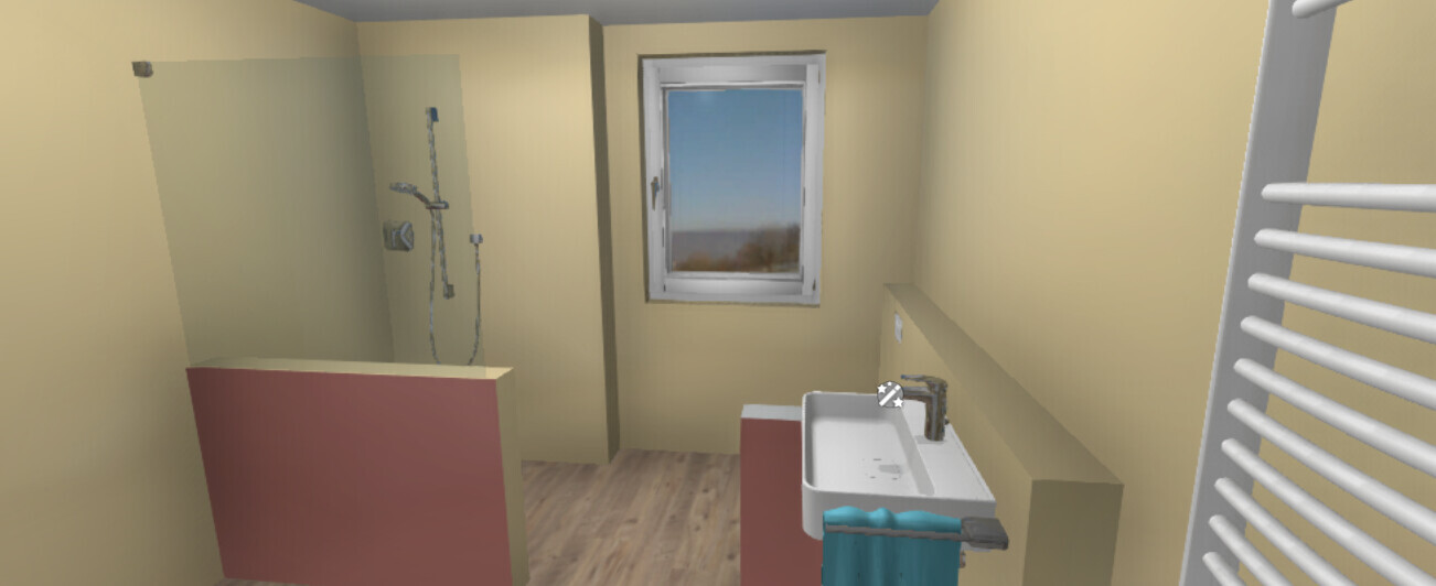 Bathroom: shower with glass panel on the left, sink on the right, window in the middle, wooden floor.