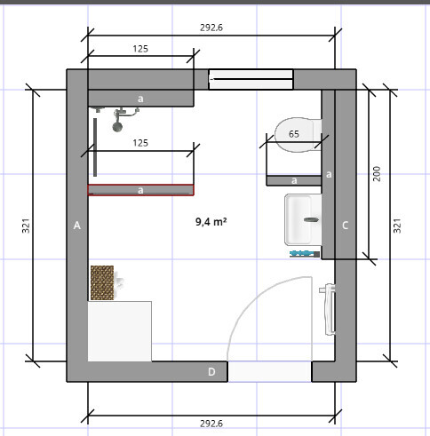 Small bathroom floor plan with shower, sink, toilet, and door