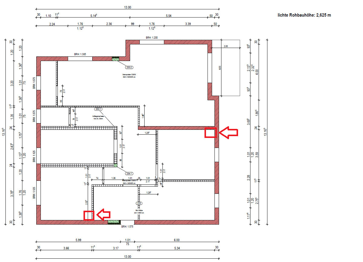 Floor plan of a building with red shaded outer wall, arrows, and red boxes.