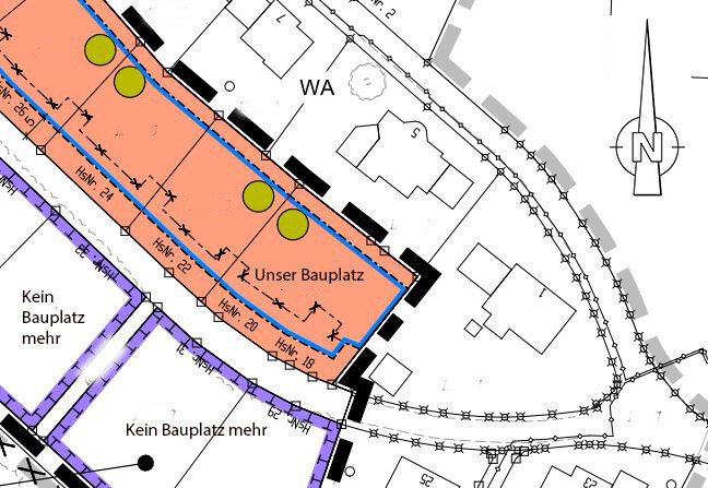 Site plan: orange building plot 'Unser Bauplatz' with trees, a boundary line and adjacent buildings.