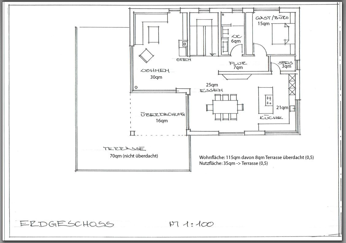 Ground floor plan: living room, dining area, kitchen, corridor, guest room/bathroom and terrace.