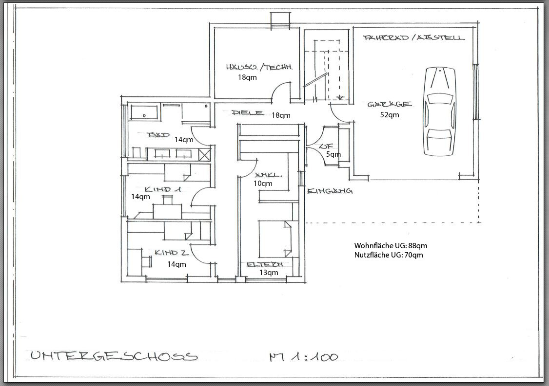 Basement floor plan: garage with car, corridor, technical room and several rooms.