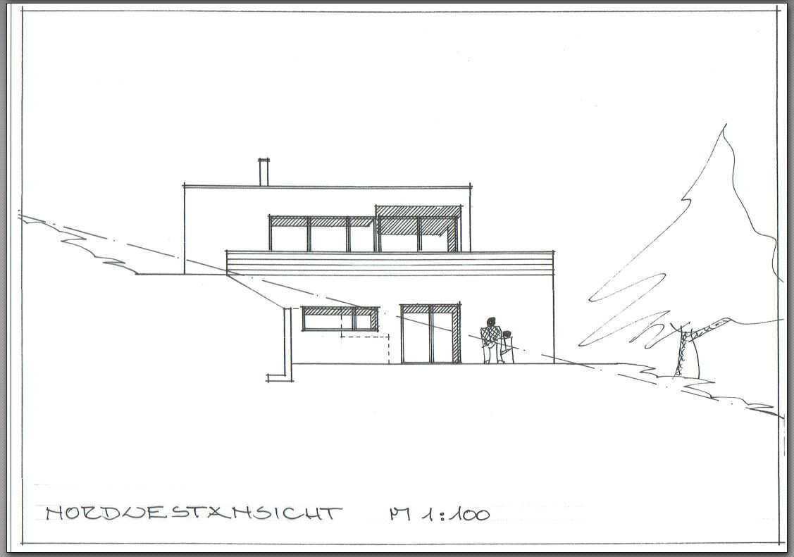 Modern house on sloped site with terrace; two people in front of glass facade, mountain landscape.