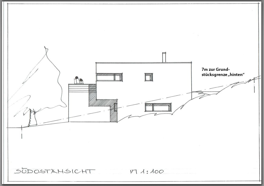 Modern house sketch on sloping site, terrace with two people, tree on left, southeast view, 1:100