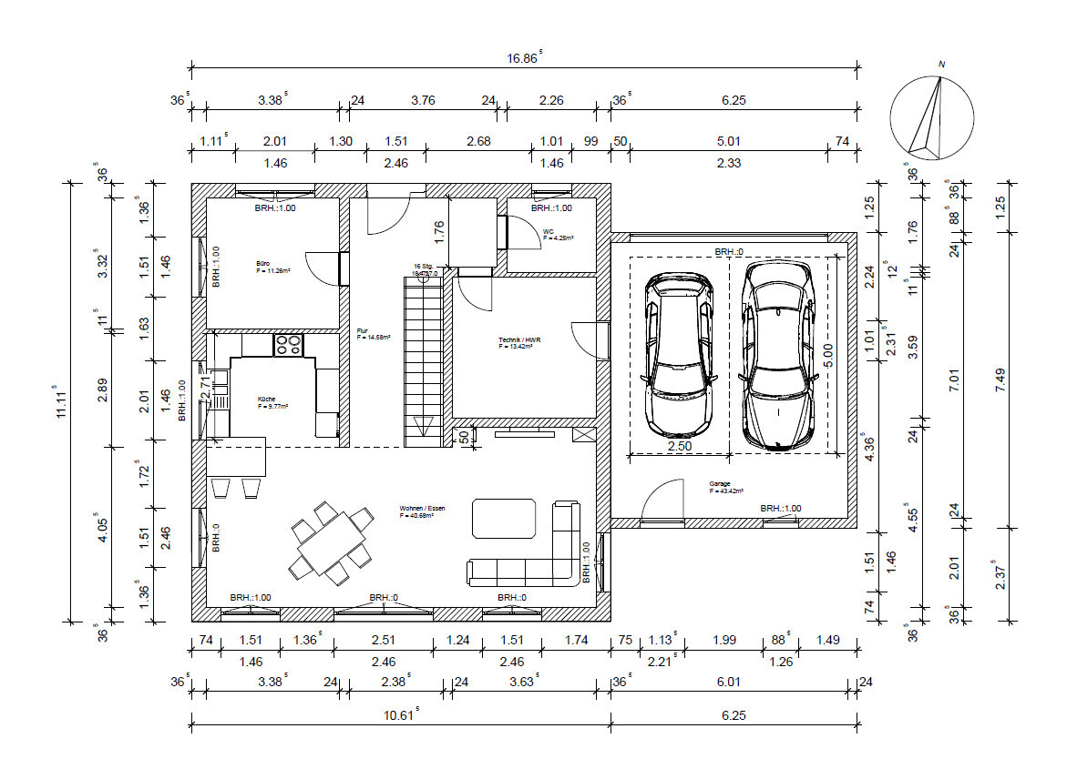 Floor plan of a house with kitchen, living/dining area, two bedrooms, bathroom, WC, garage.