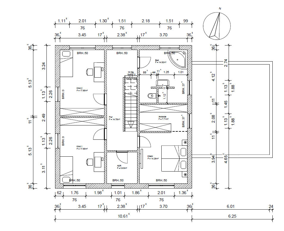 Floor plan of a house with bedroom, two children’s rooms, bathroom, hallway and staircase.