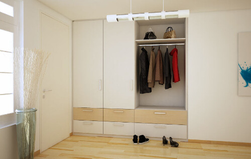 Open wardrobe with coats, bags on top, shoes below in a bright hallway.