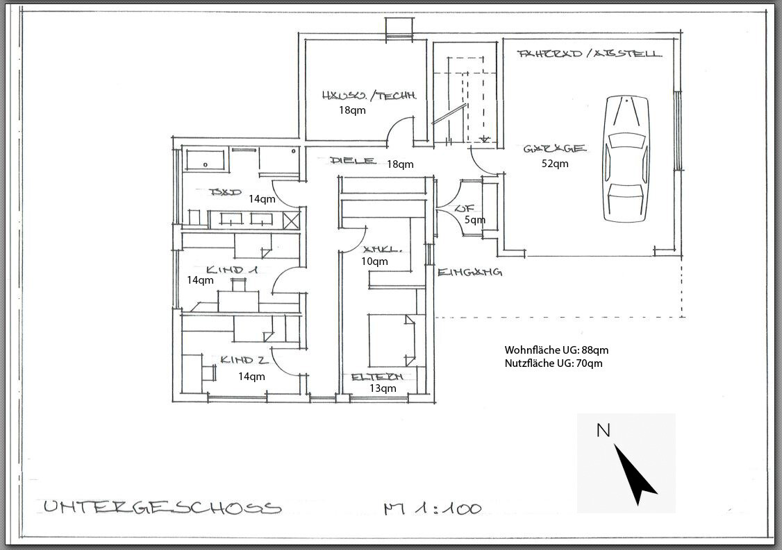 Basement floor plan of a house with garage, hallway, kitchen, bathroom, and several rooms.