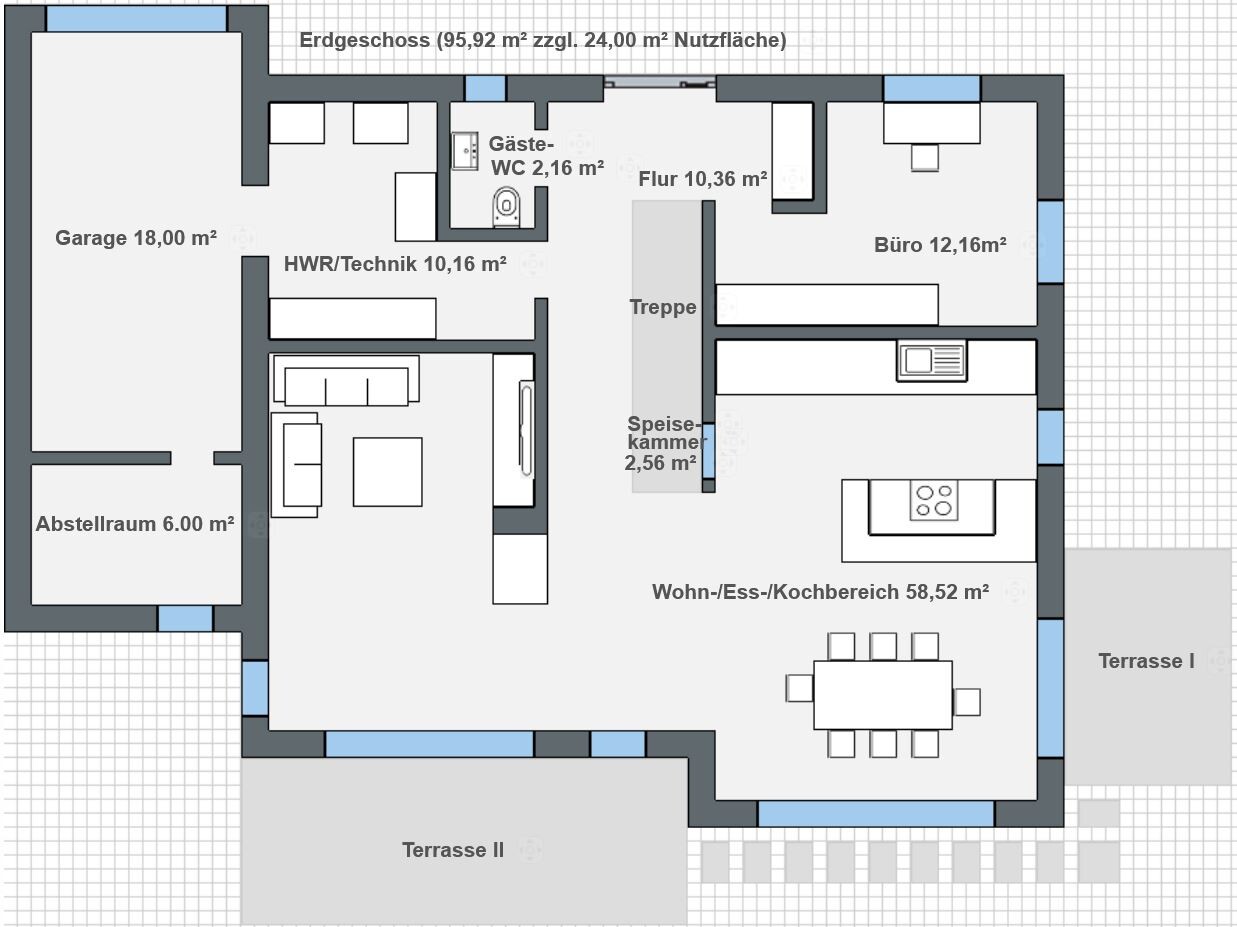 Ground floor plan: garage, utility room, guest toilet, stairs, pantry, office, living area, terrace