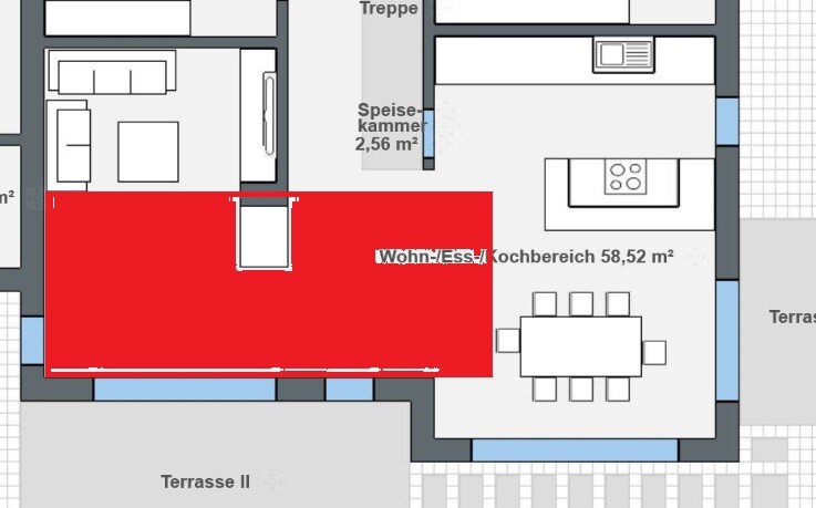 Grundriss einer Wohnung: offener Wohn- und Essbereich, rote Überlagerung in der Mitte, Küche rechts.