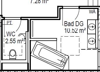 Grundriss eines Badbereichs im Dachgeschoss mit Badewanne, WC und Waschbecken