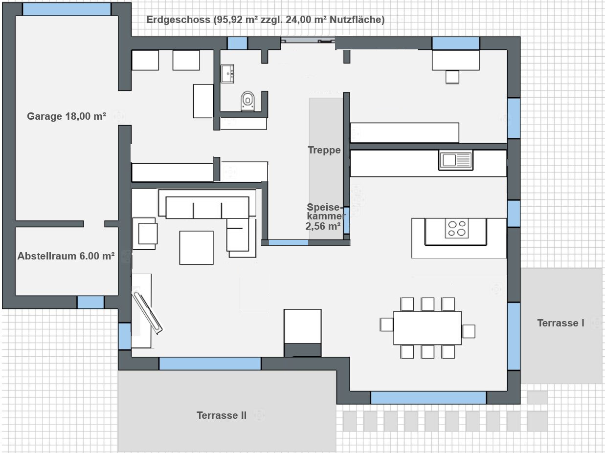 Grundriss Erdgeschoss eines Hauses mit Garage, Küche, Essbereich und Terrasse.