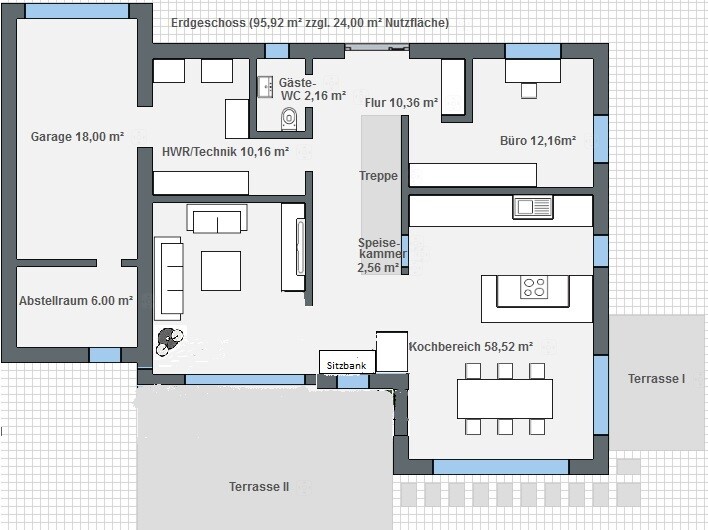 Ground floor plan of a house with garage, kitchen, office, hallway, and terraces.